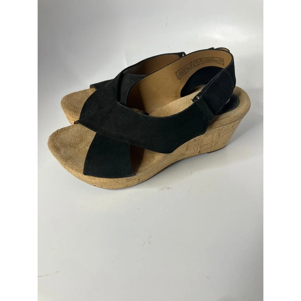 Clarks Artisan Wedge Sandals Womens 8 Black Good Cork Platform Slingback Nubuck